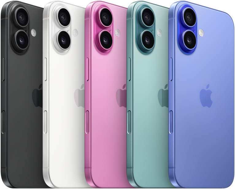 iPhone 16, eksterior belakang, Sistem kamera ganda canggih yang menonjol, logo Apple di tengah, dengan lima warna, Hitam, Putih, Hijau Kebiruan, Pink, Biru Laut Ultra