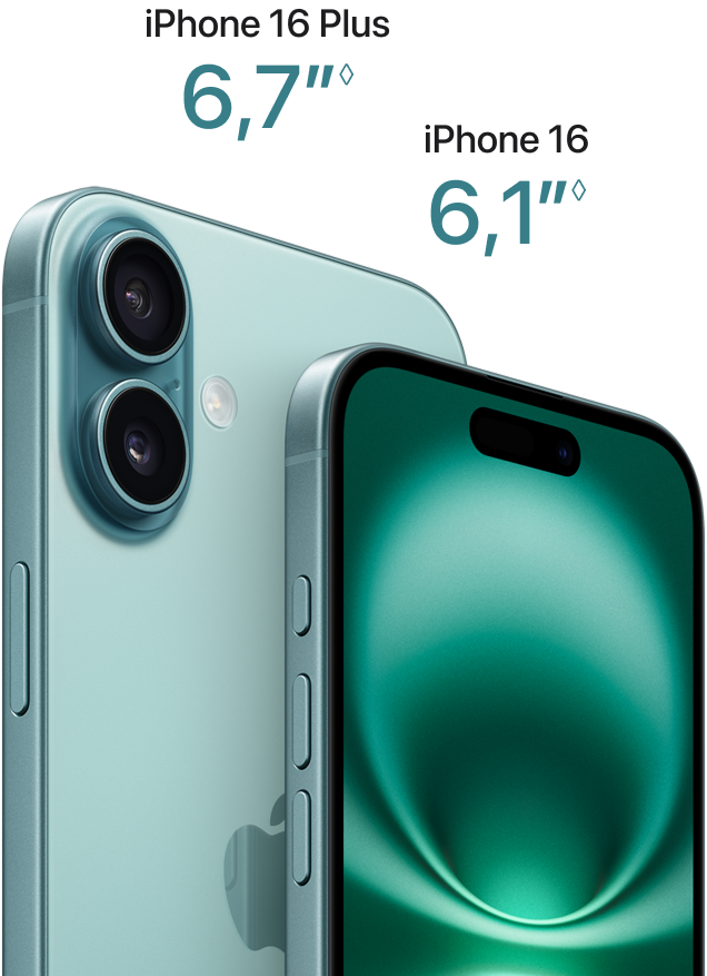 iPhone 16 Plus dan iPhone 16, tombol Tindakan, tombol volume, tombol Samping, dan Kontrol Kamera, eksterior depan desain layar penuh, Dynamic Island di tengah bagian atas, eksterior belakang, warna Hijau Kebiruan, Sistem kamera ganda canggih yang menonjol di sudut kiri atas, logo Apple di tengah